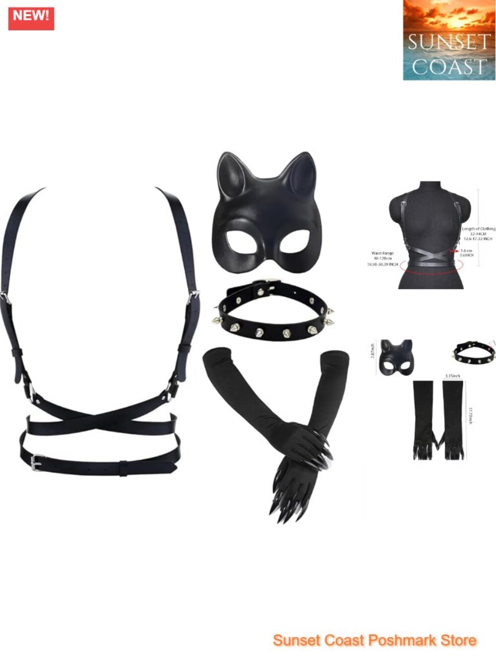 Faux Leather Cat Woman Costume Accessory Set Mask Gloves Choker Belt
